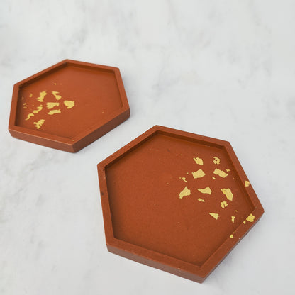 Terracotta Gold Leaf Hexagon Jesmonite Coaster Set Of Two