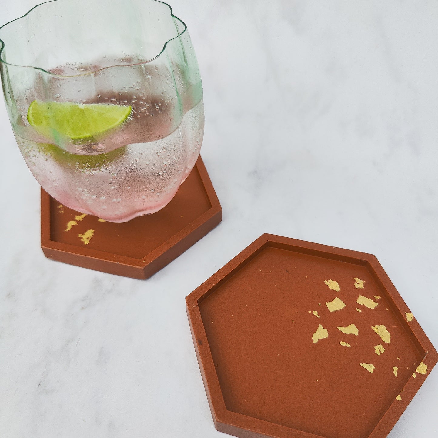 Terracotta Gold Leaf Hexagon Jesmonite Coaster Set Of Two