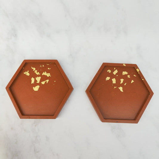Terracotta Gold Leaf Hexagon Jesmonite Coaster Set Of Two