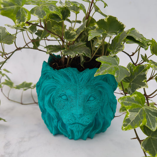 Aqua Jesmonite Lion Head Plant Pot