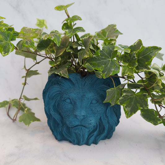 Teal Jesmonite Lion Head Plant Pot