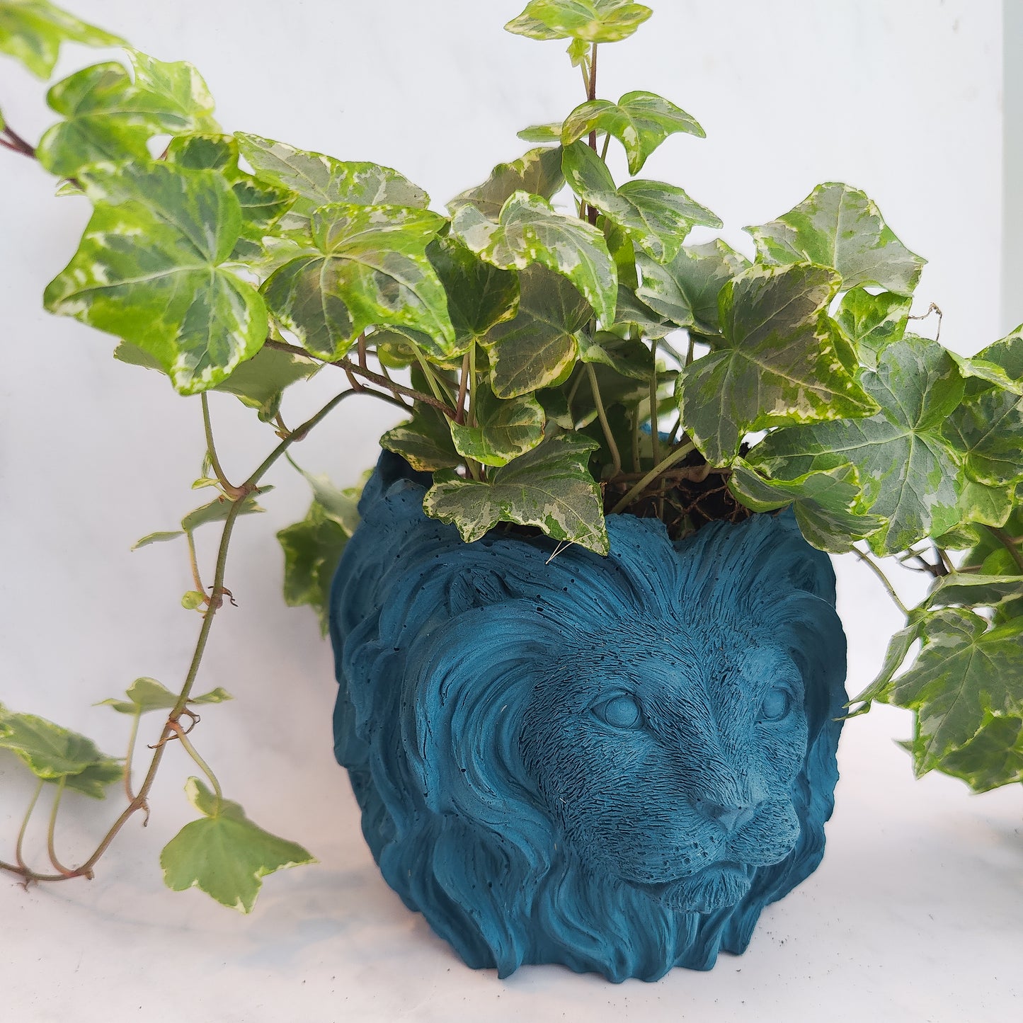 Teal Jesmonite Lion Head Plant Pot