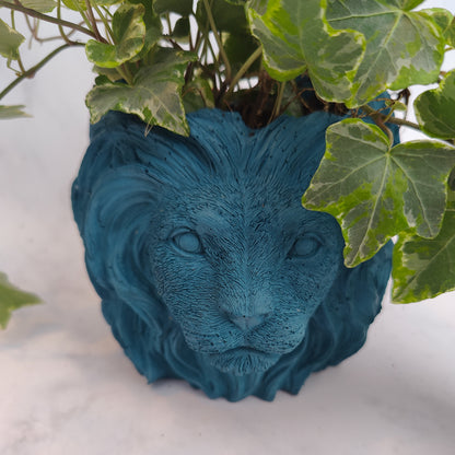 Teal Jesmonite Lion Head Plant Pot