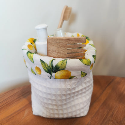 Handmade waffle cotton fabric storage basket with lemon print lining