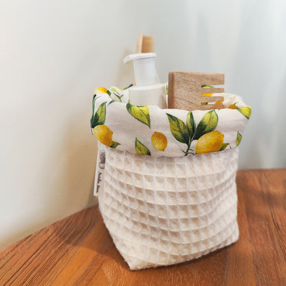 Handmade waffle cotton fabric storage basket with lemon print lining