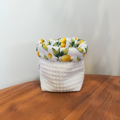Handmade waffle cotton fabric storage basket with lemon print lining