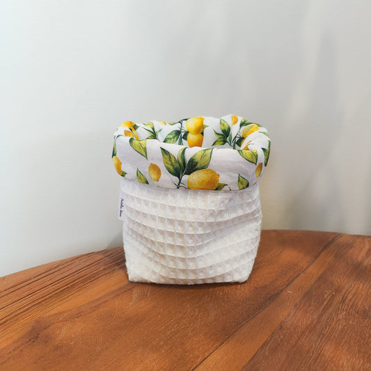 Handmade waffle cotton fabric storage basket with lemon print lining