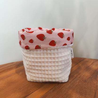 Handmade waffle cotton storage basket with pink strawberry print lining