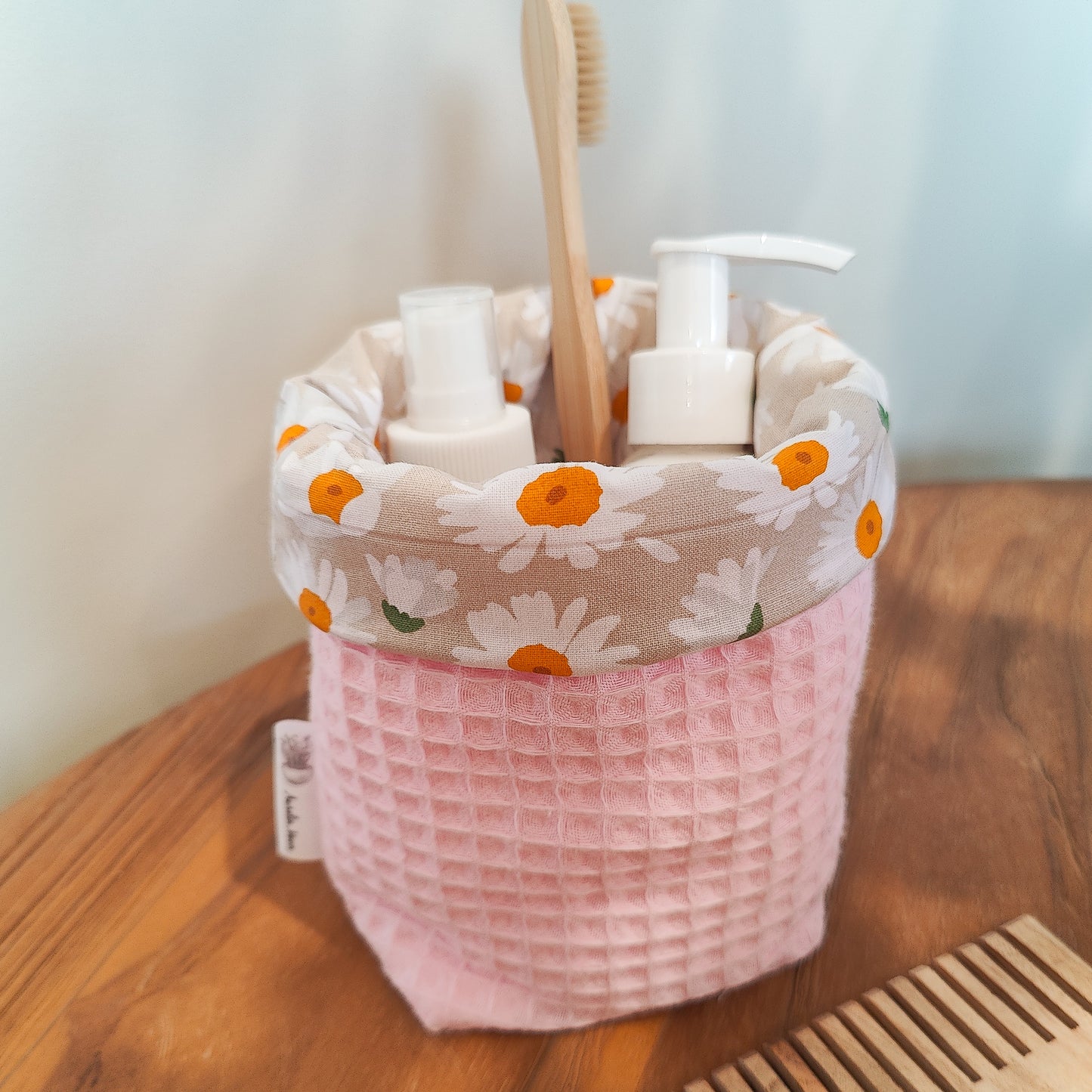 Handmade waffle cotton storage basket with daisy flower print lining