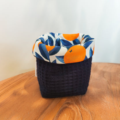 Handmade waffle cotton storage basket with oranges print lining