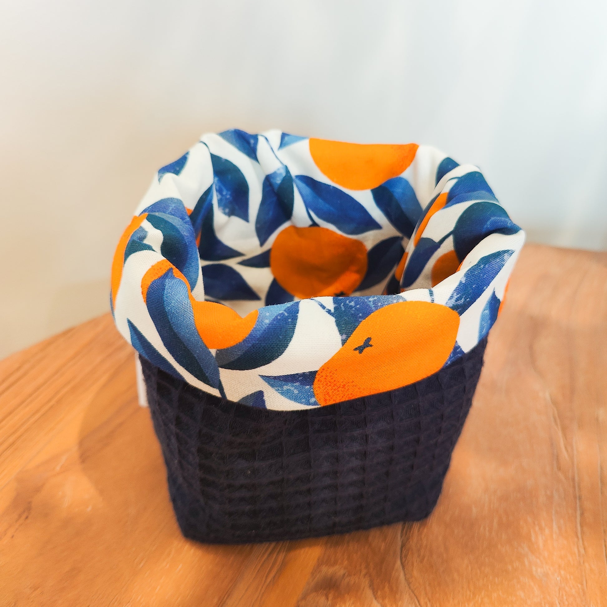 Handmade waffle cotton storage basket with oranges print lining