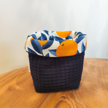 Handmade waffle cotton storage basket with oranges print lining