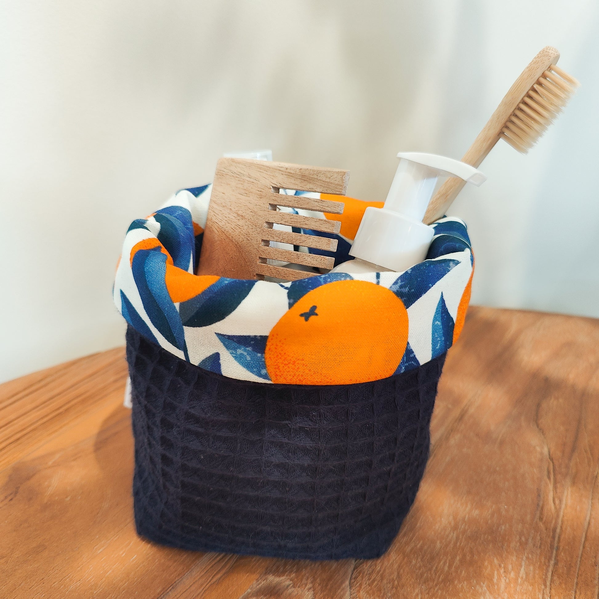Handmade waffle cotton storage basket with oranges print lining