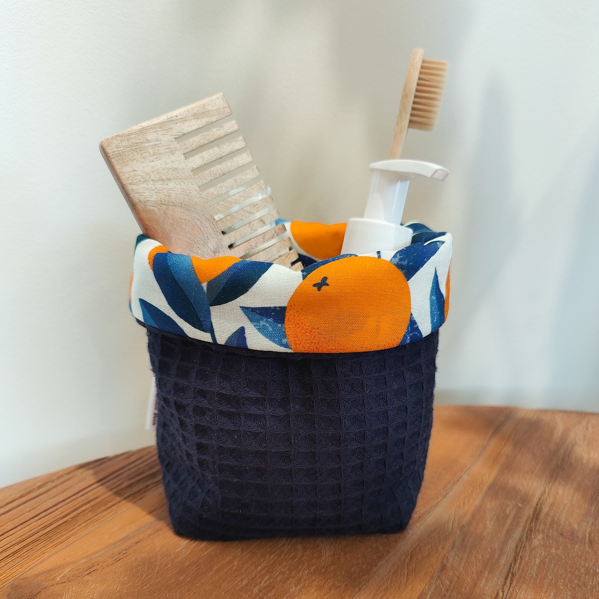 Handmade waffle cotton storage basket with oranges print lining