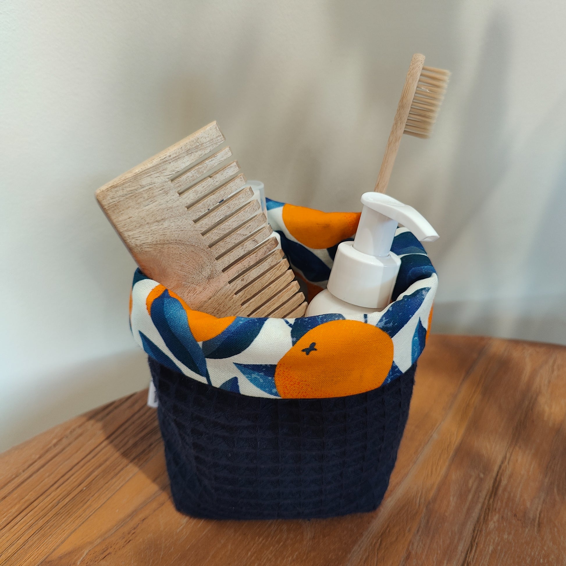 Handmade waffle cotton storage basket with oranges print lining