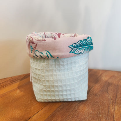 Handmade waffle cotton fabric storage basket with pink tropical print lining