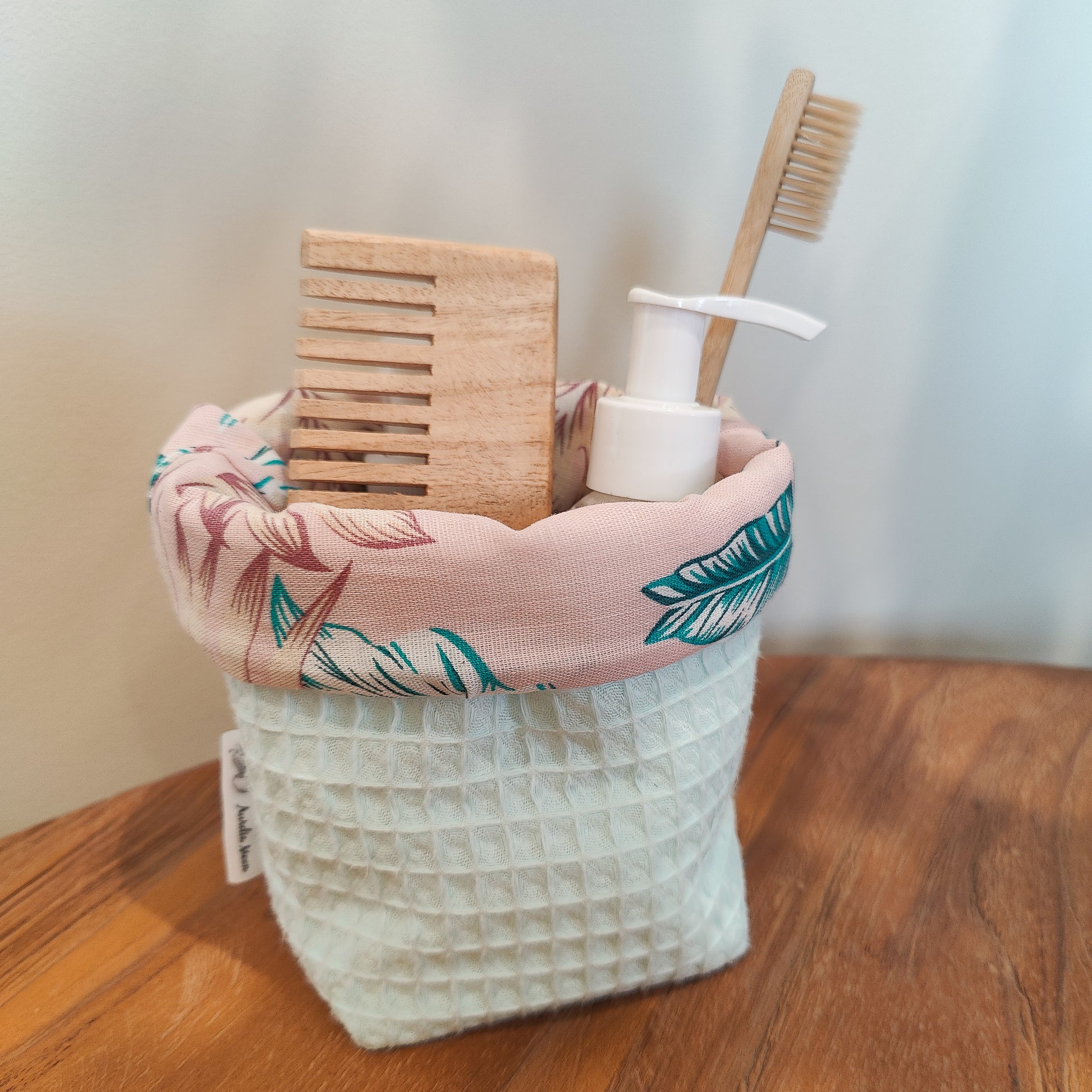 Handmade waffle cotton fabric storage basket with pink tropical print lining