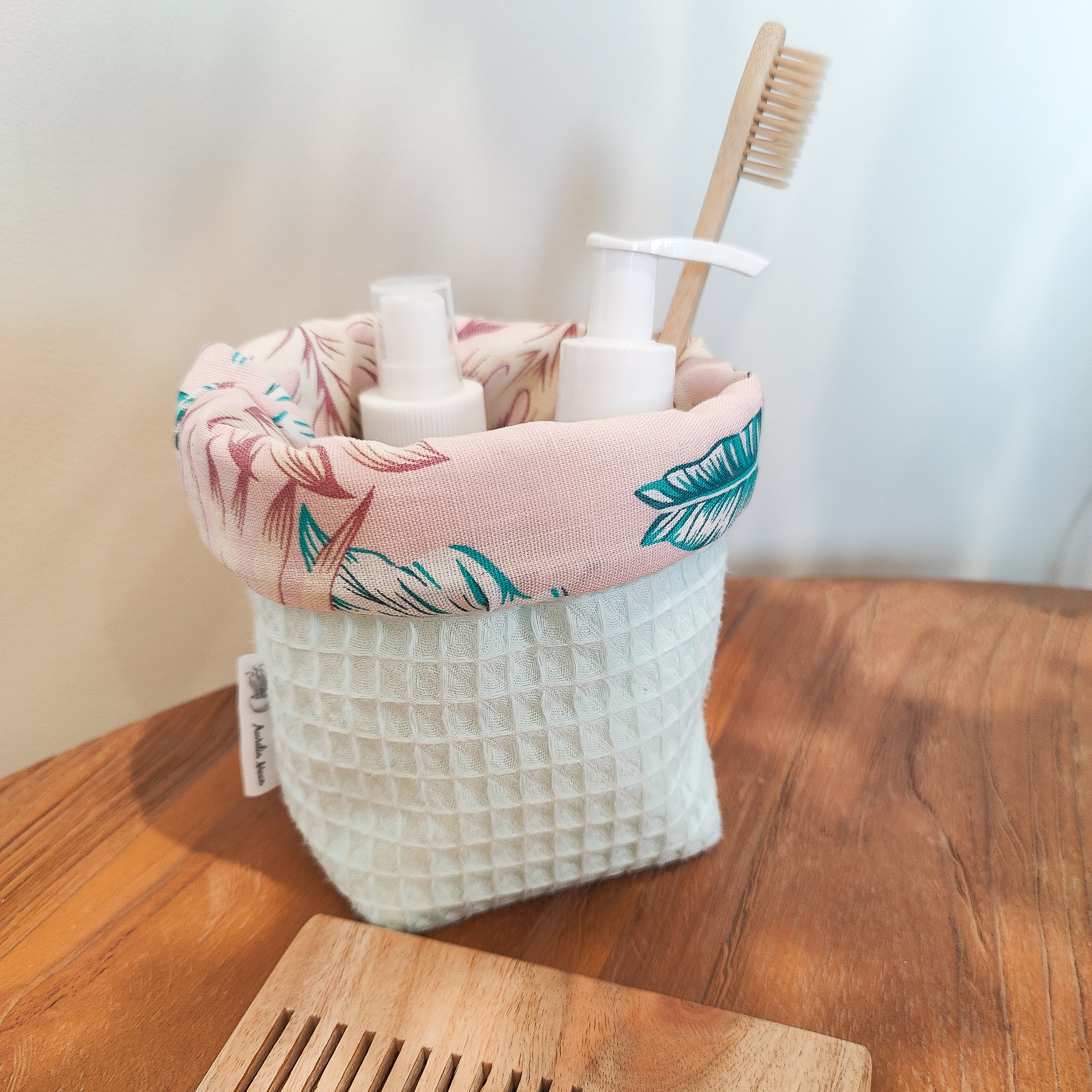 Handmade waffle cotton fabric storage basket with pink tropical print lining