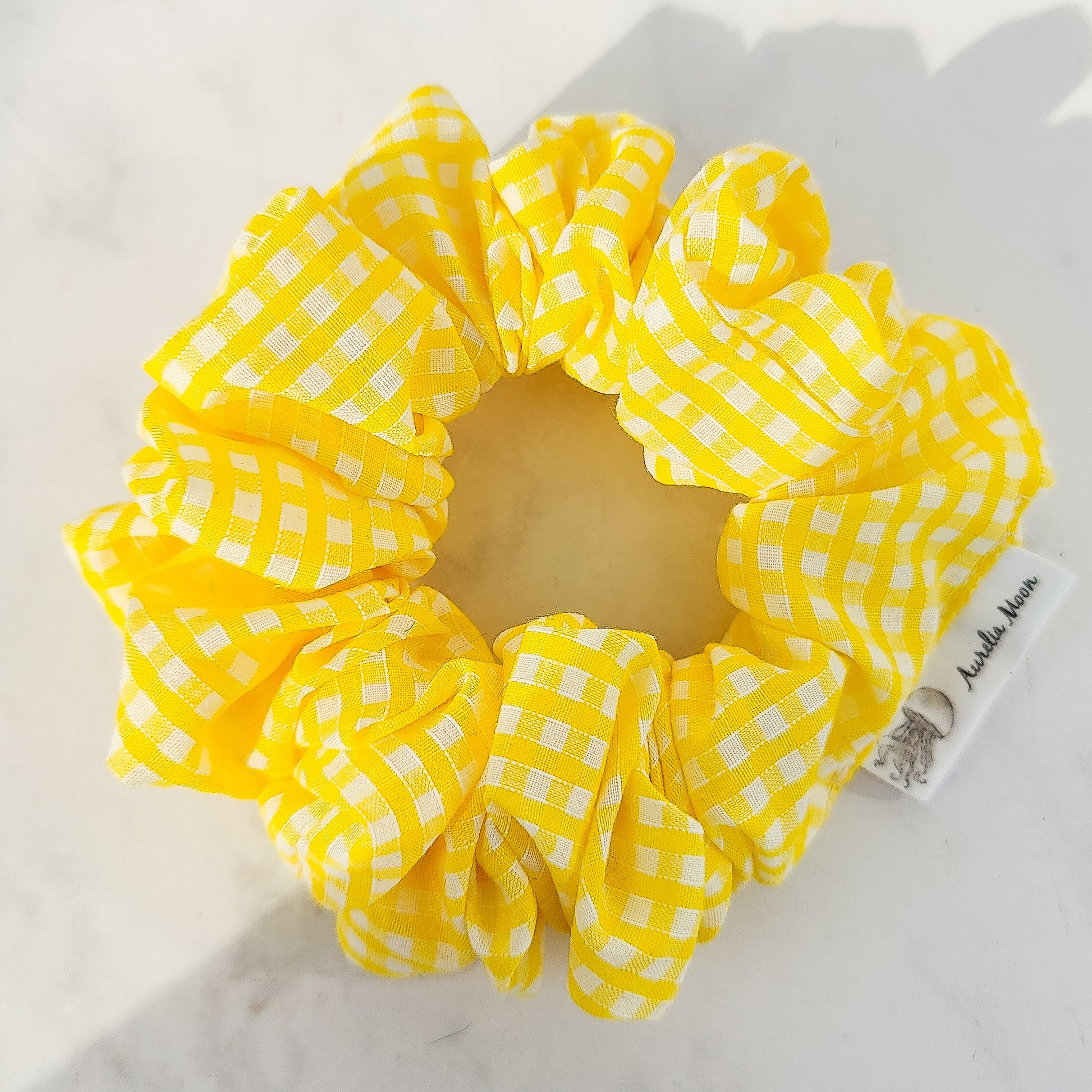 Yellow gingham scrunchie handmade soft fabric check hair tie