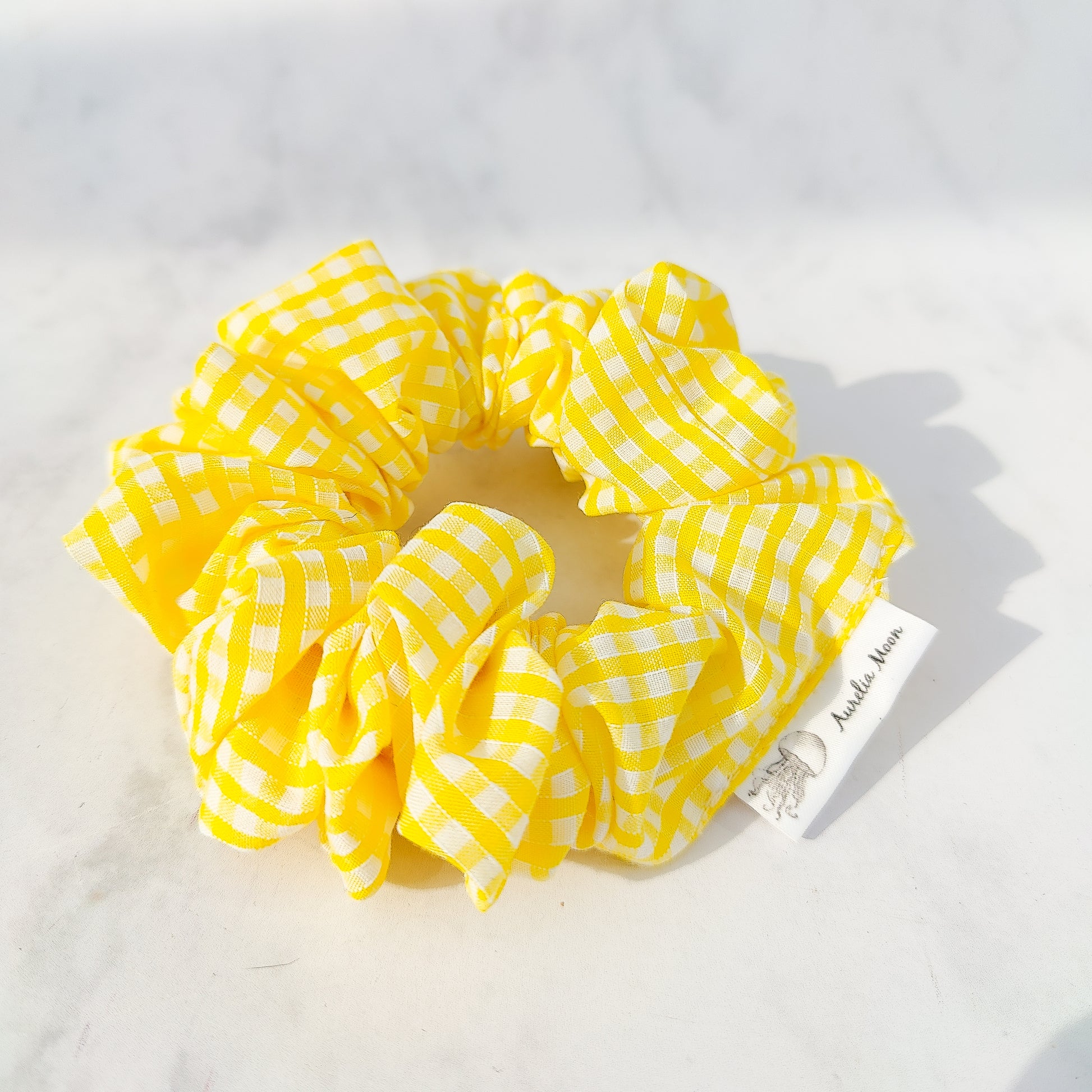 Yellow gingham scrunchie handmade soft fabric check hair tie