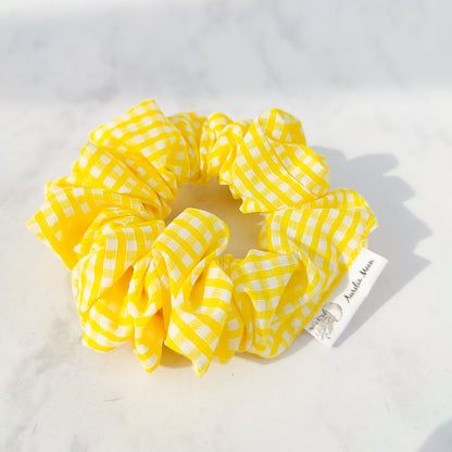 Yellow gingham scrunchie handmade soft fabric check hair tie