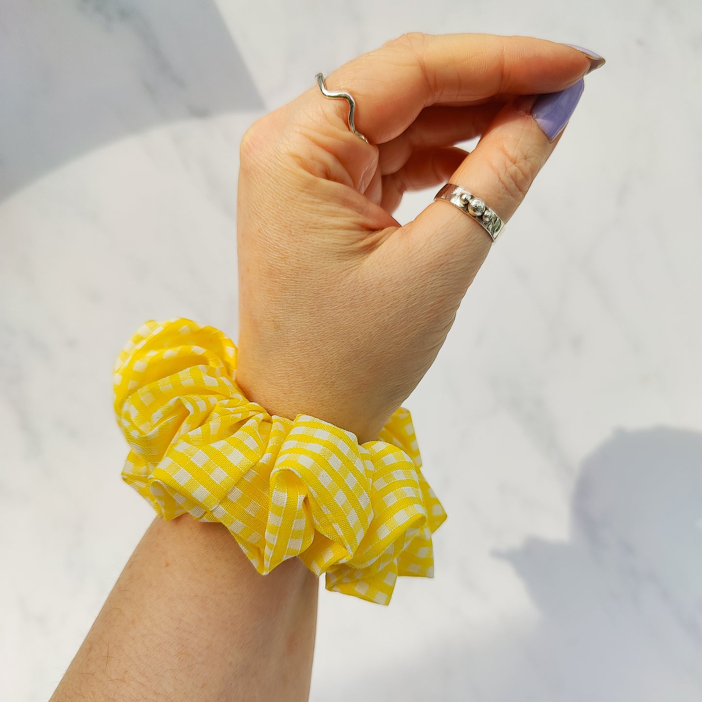 Yellow gingham scrunchie handmade soft fabric check hair tie