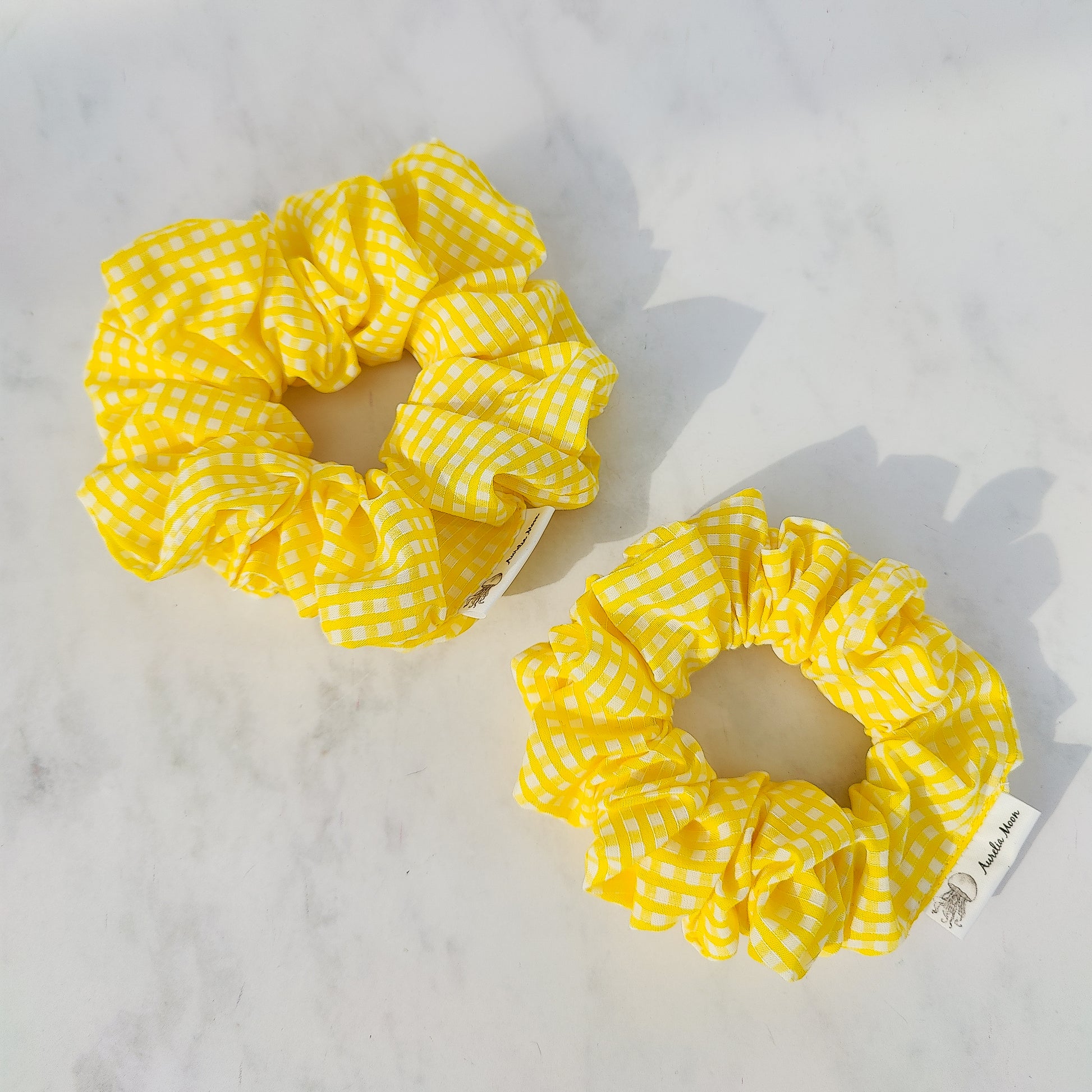 Yellow gingham scrunchie handmade soft fabric check hair tie