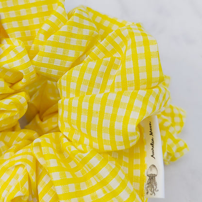 Yellow gingham scrunchie handmade soft fabric check hair tie
