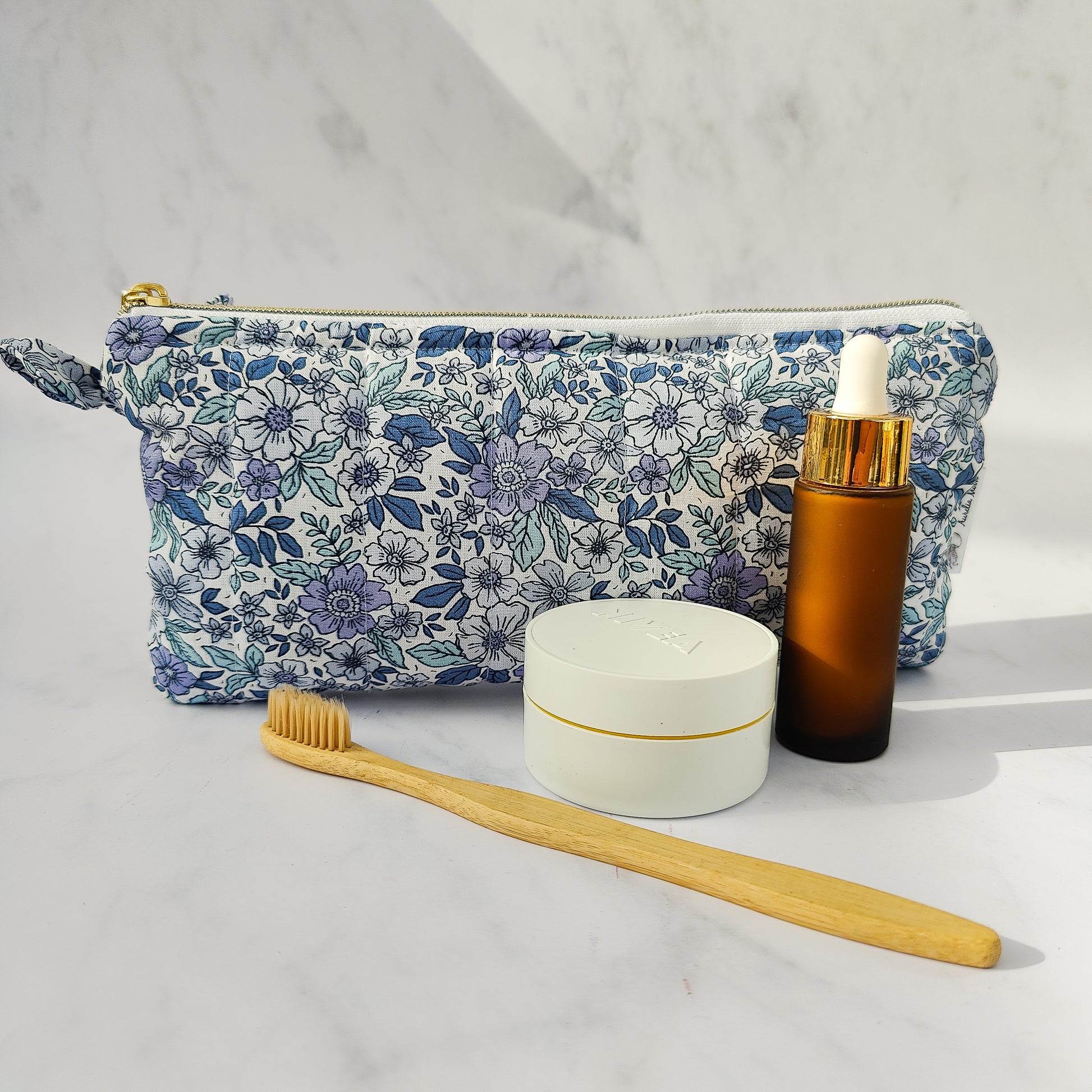 handmade blue floral pouch