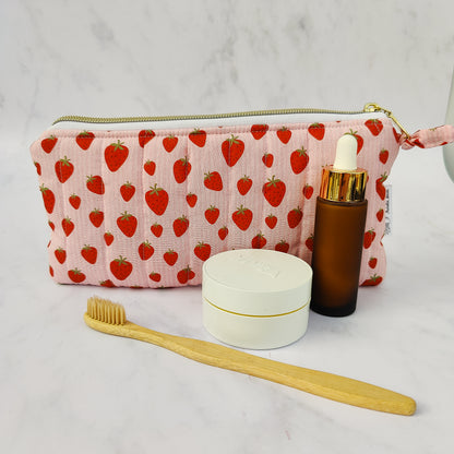 Handmade Strawberry And Cream Print Makeup Bag Quilted Cotton Zip Pouch