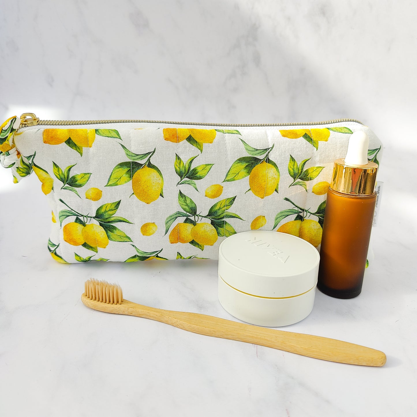 Handmade Quilted Lemon Print Zip Pouch Cotton Waffle Lined Makeup & Travel Bag