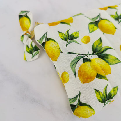 close up of handmade lemon pouch