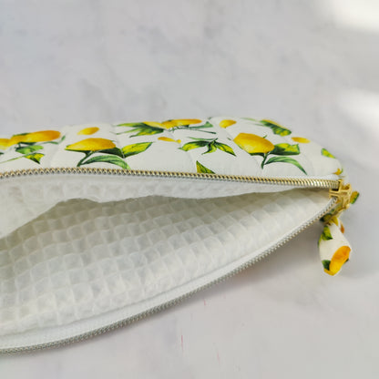 handmade lemon pouch with cotton waffle lining