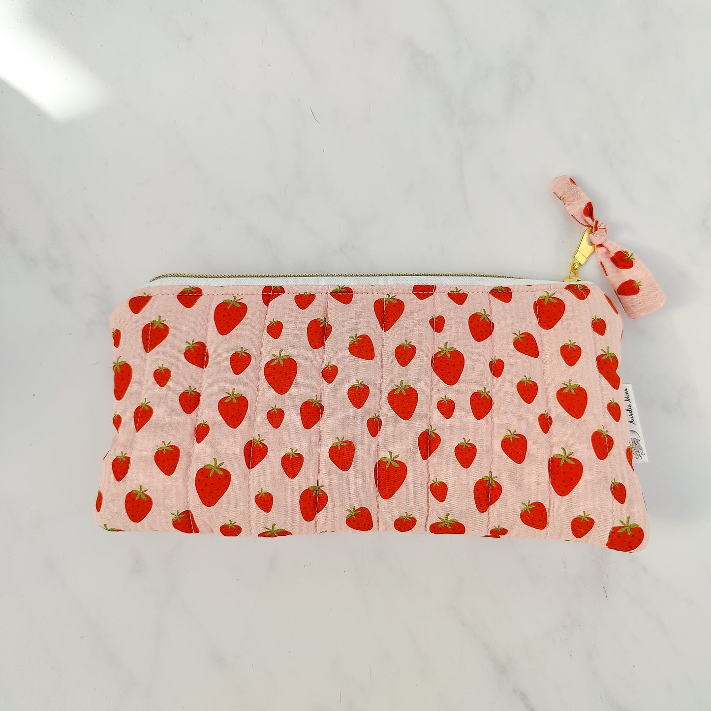 Handmade Strawberry And Cream Print Makeup Bag Quilted Cotton Zip Pouch