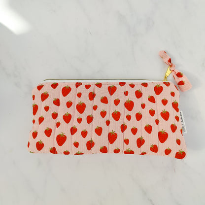 Handmade Strawberry And Cream Print Makeup Bag Quilted Cotton Zip Pouch