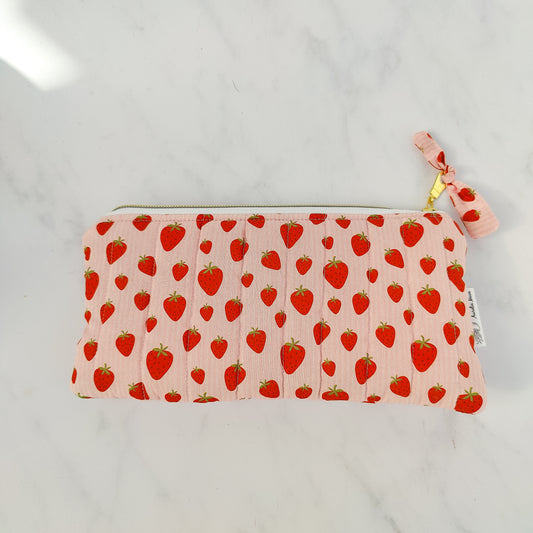 Handmade Strawberry And Cream Print Makeup Bag Quilted Cotton Zip Pouch
