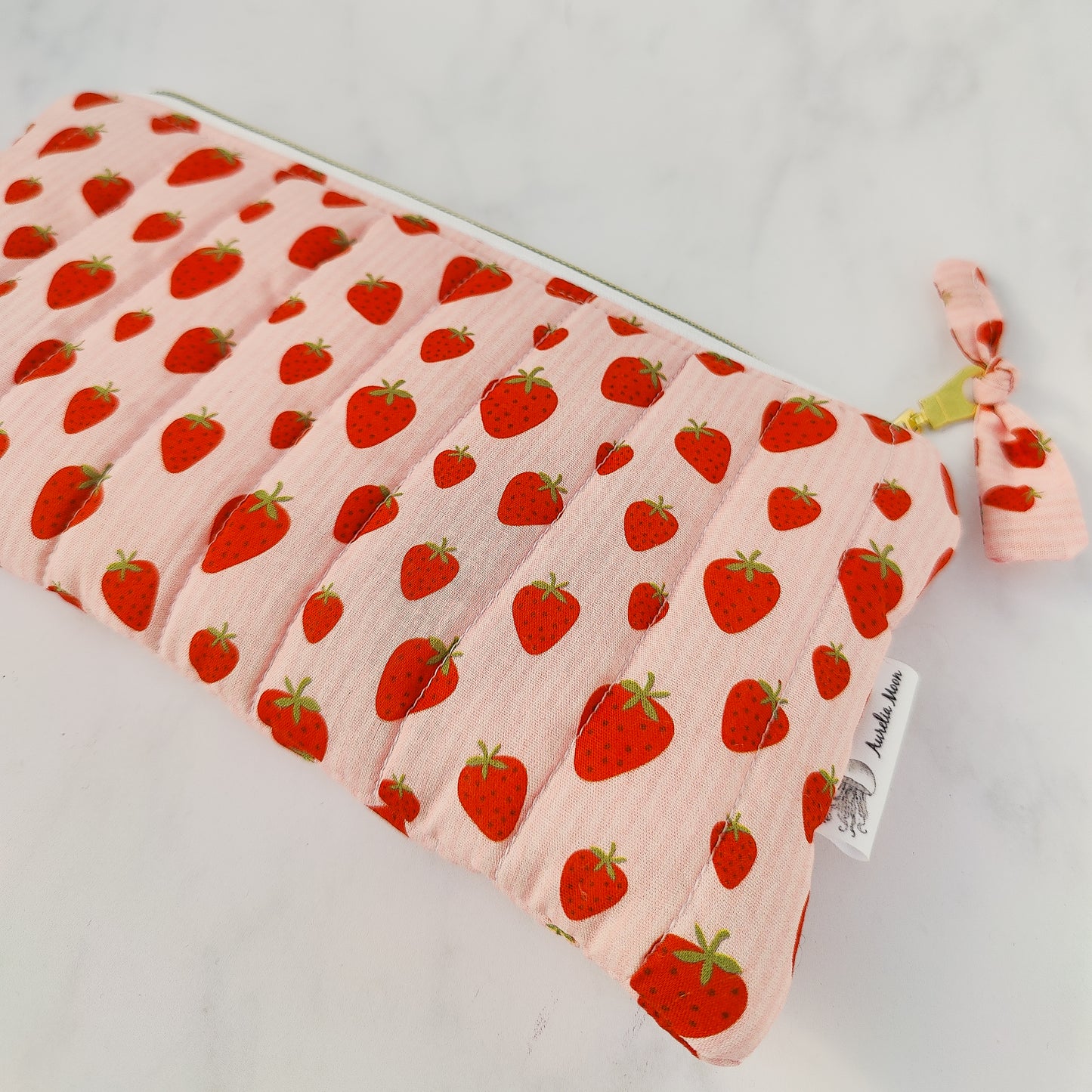 Handmade Strawberry And Cream Print Makeup Bag Quilted Cotton Zip Pouch