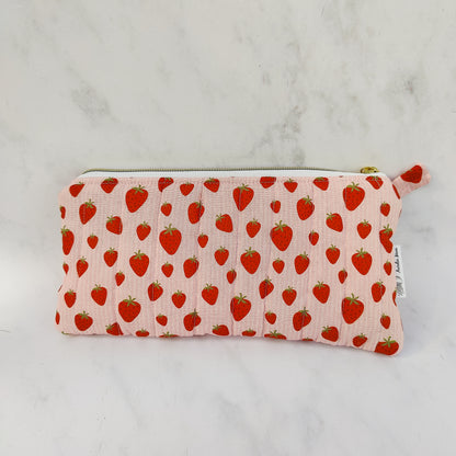 Handmade Strawberry And Cream Print Makeup Bag Quilted Cotton Zip Pouch