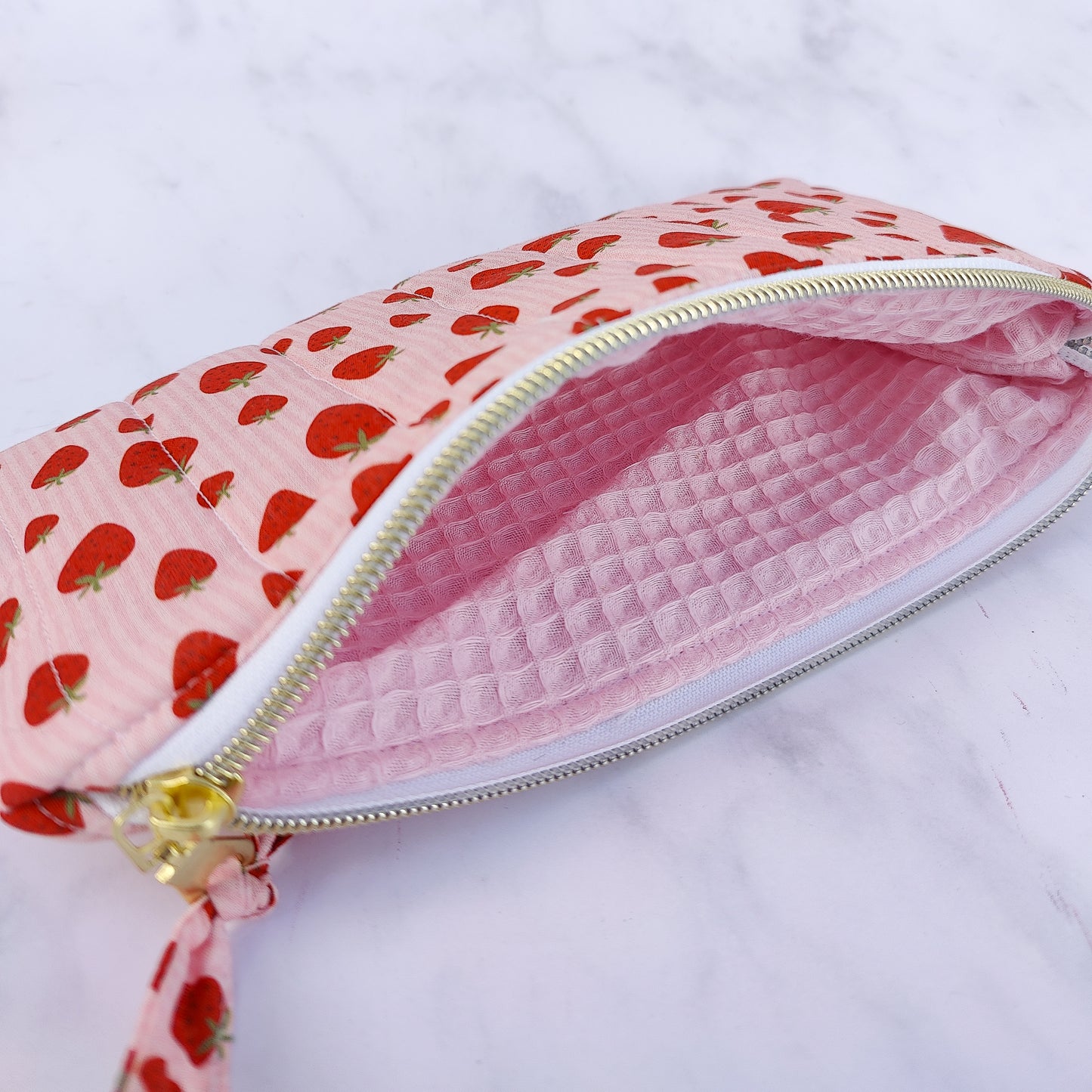 Handmade Strawberry And Cream Print Makeup Bag Quilted Cotton Zip Pouch