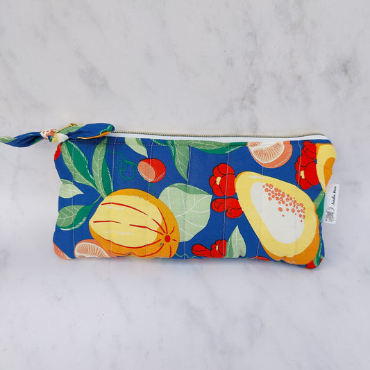 Handmade quilted fruit print zip pouch with cotton waffle lining