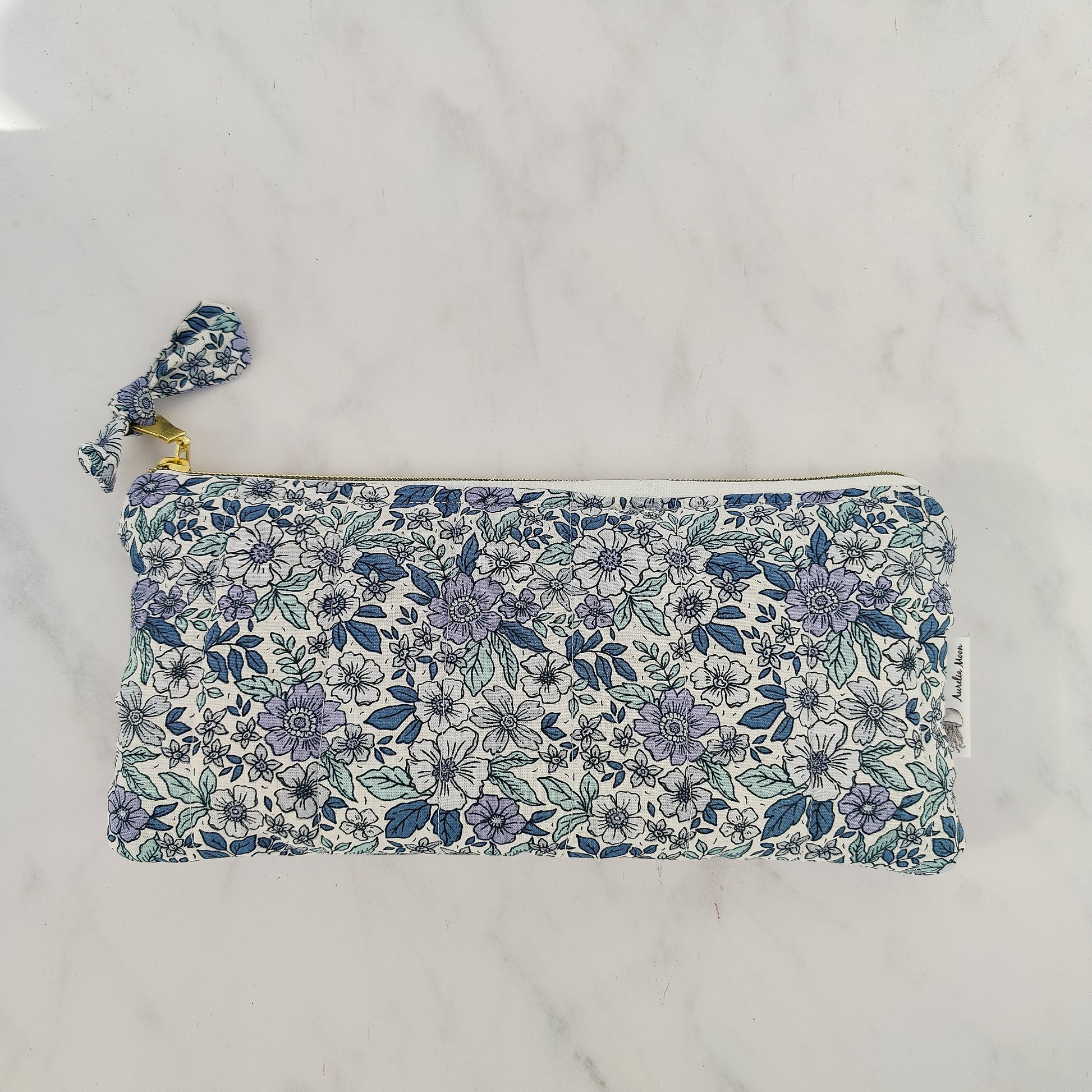handmade blue floral pouch