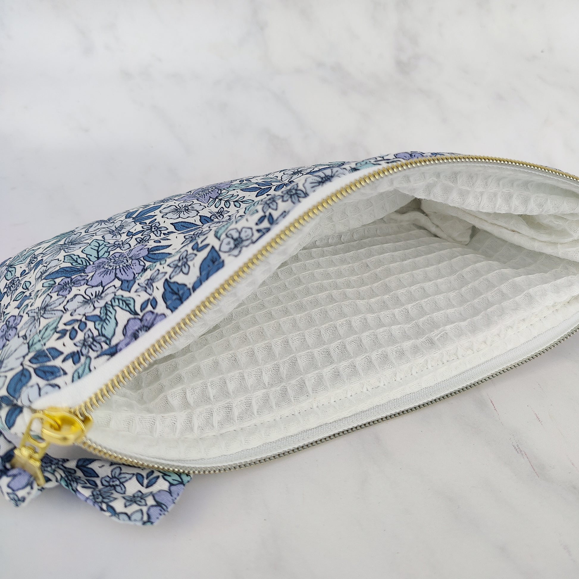 handmade blue floral pouch