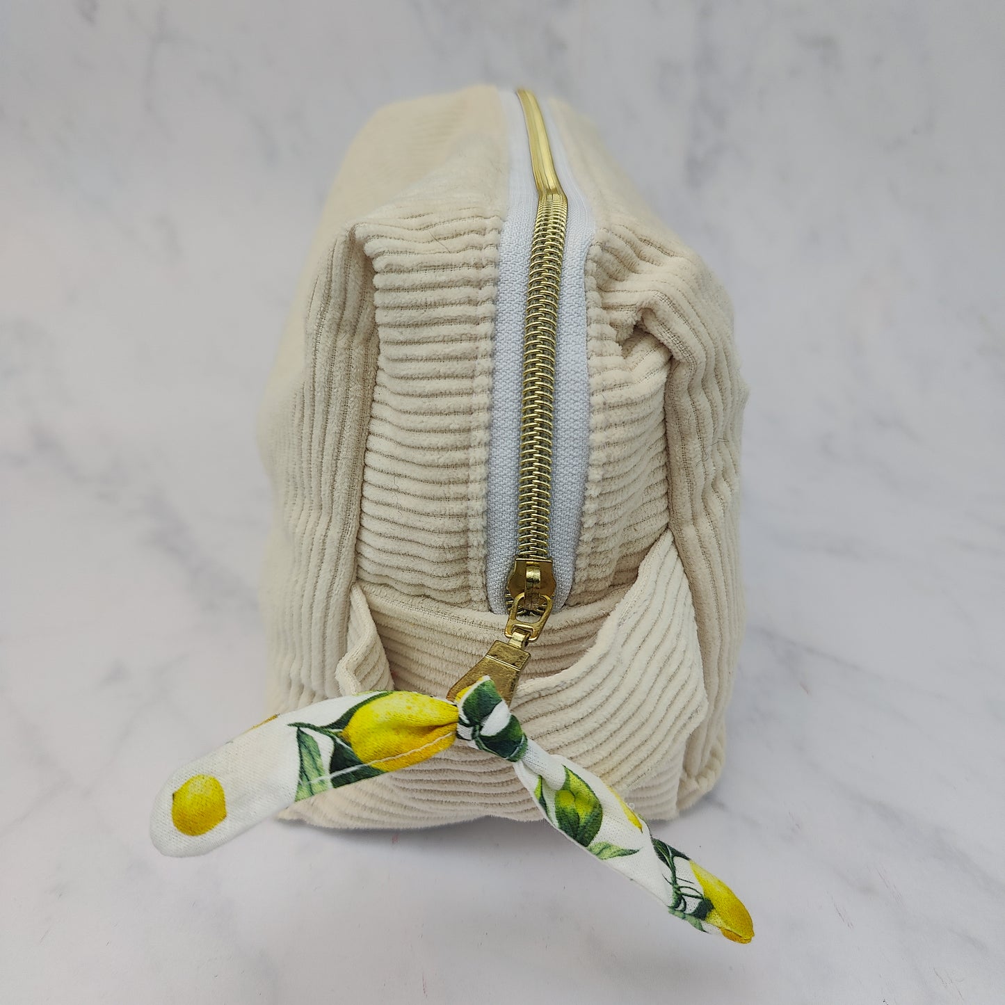 Handmade Large Toiletry Bag Beige With Lemons