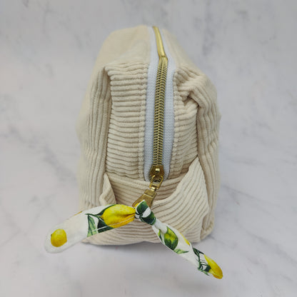Handmade Large Toiletry Bag Beige With Lemons