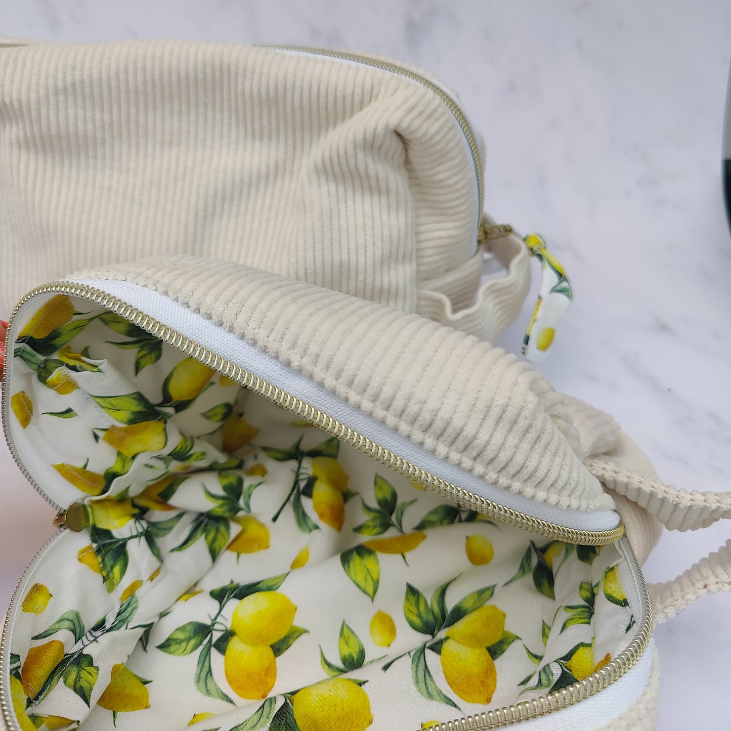 Handmade Large Toiletry Bag Beige With Lemons