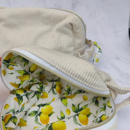 Handmade Large Toiletry Bag Beige With Lemons
