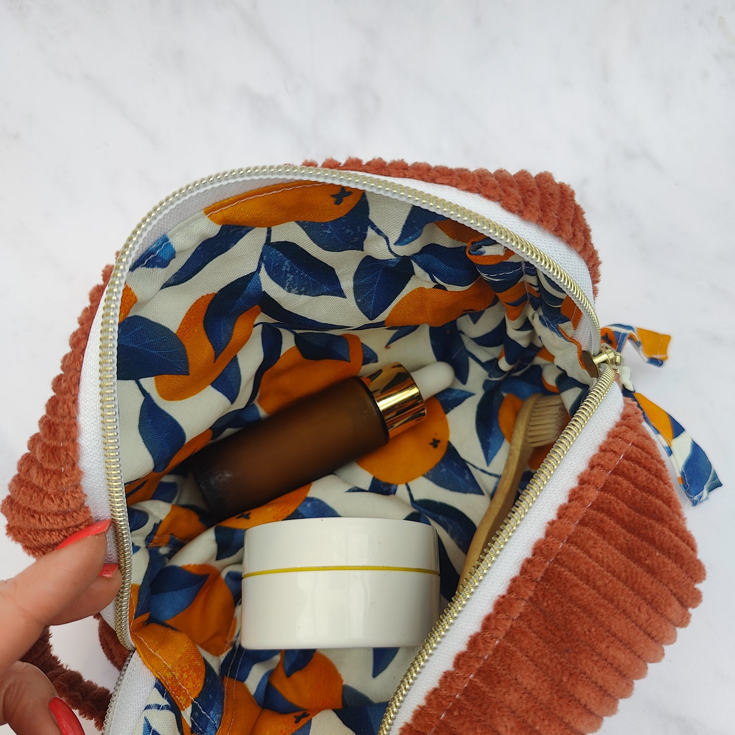 Handmade Large Toiletry Bag Rust With Oranges